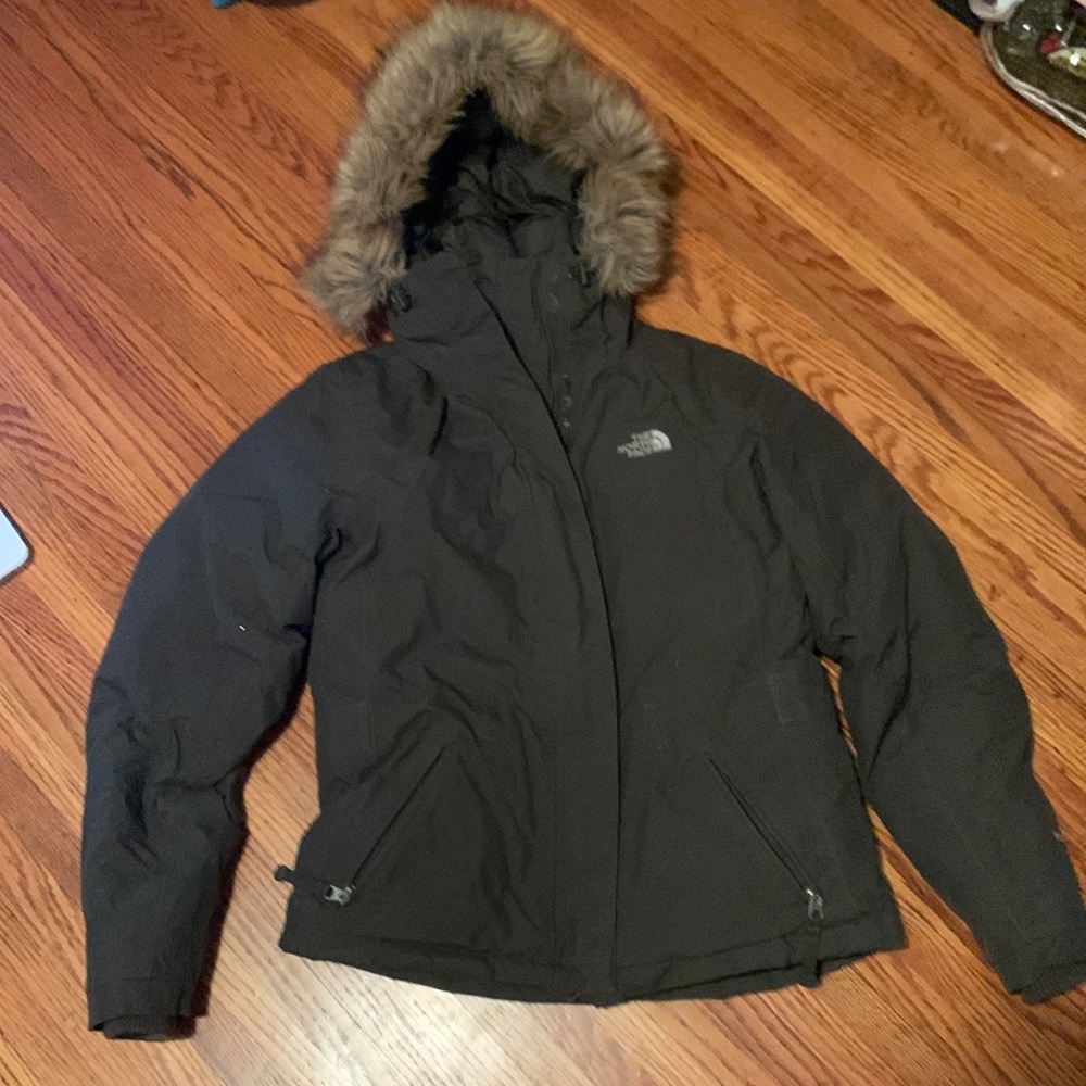The North Face womens parka jacket army olive green with fur hood size small